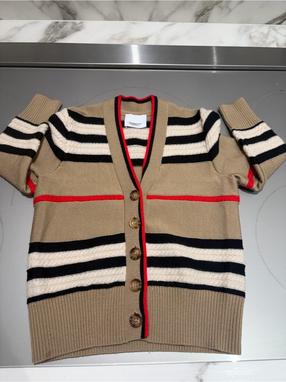 KIDS STRIPED Knit Sweater - Beige with Black, White & Red Accents